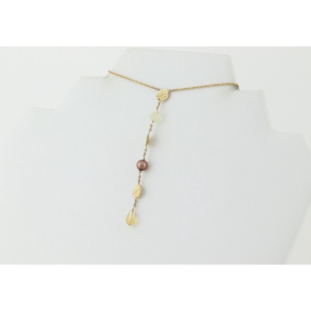 14k Yellow Gold Freshwater Brown Pearl, Quartz, Citrine Necklace Y Drop Lariat - Picture 5 of 8